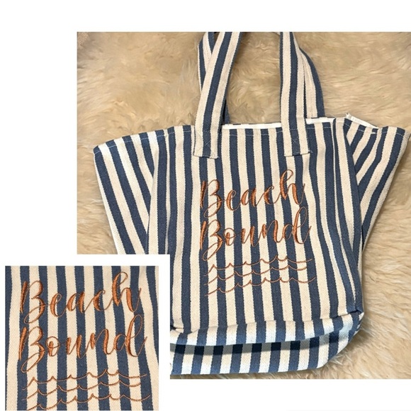 Striped Large Blue and White ‘Beach Bound’ Canvas Tote Bag - Picture 1 of 6